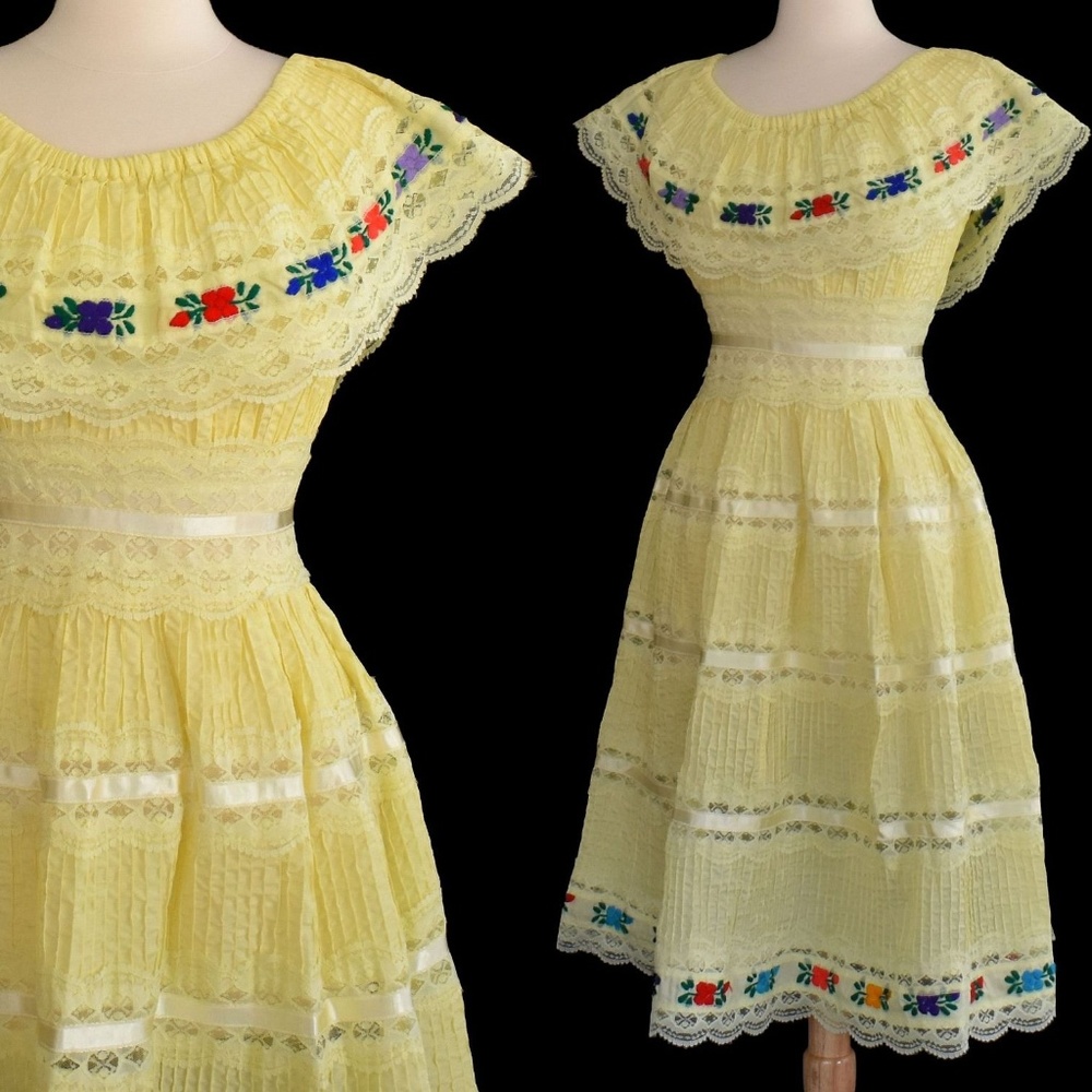 Mexican Hand Embroidered Pintuck Wedding Dress M